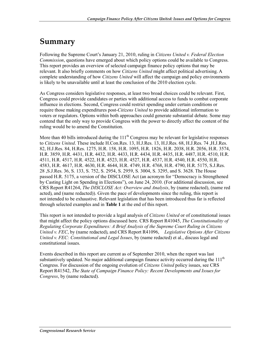 [20111122]R41054_公民联合会诉联邦选举委员会案后的竞选资金政策：国会的议题和选择.pdf_第2页