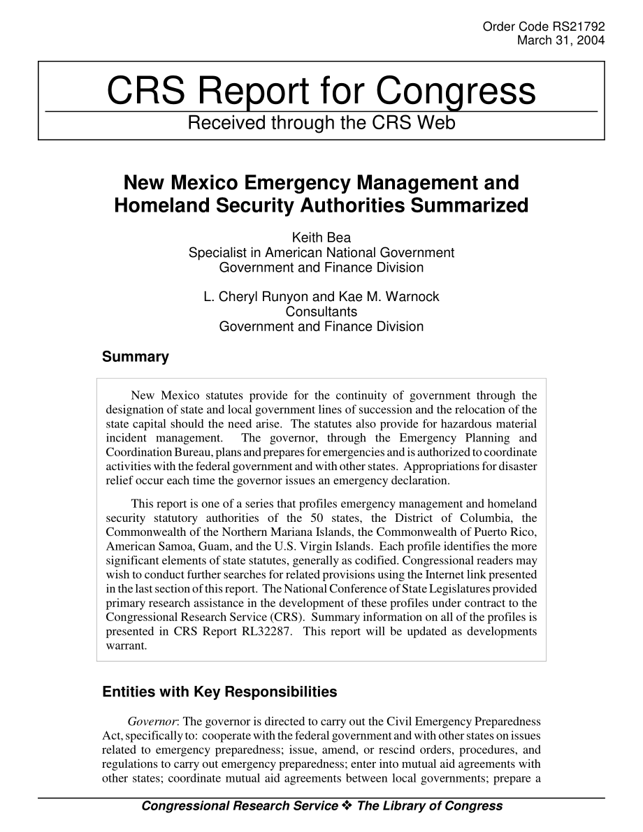 [20040331]RS21792_新墨西哥州应急管理和国土安全部门总结.pdf_第1页