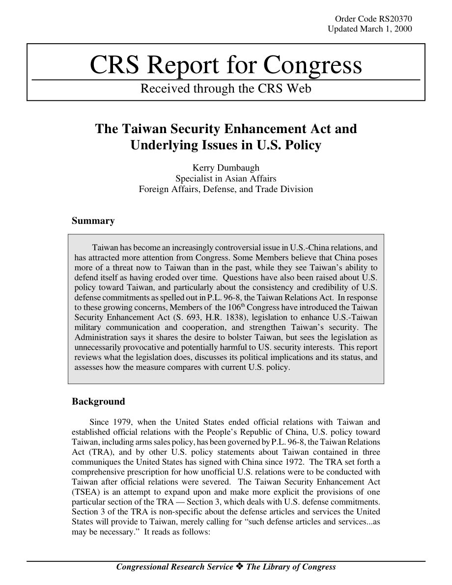 [20000301]RS20370_《加强台湾安全法》与美国政策中的基本问题.pdf_第1页