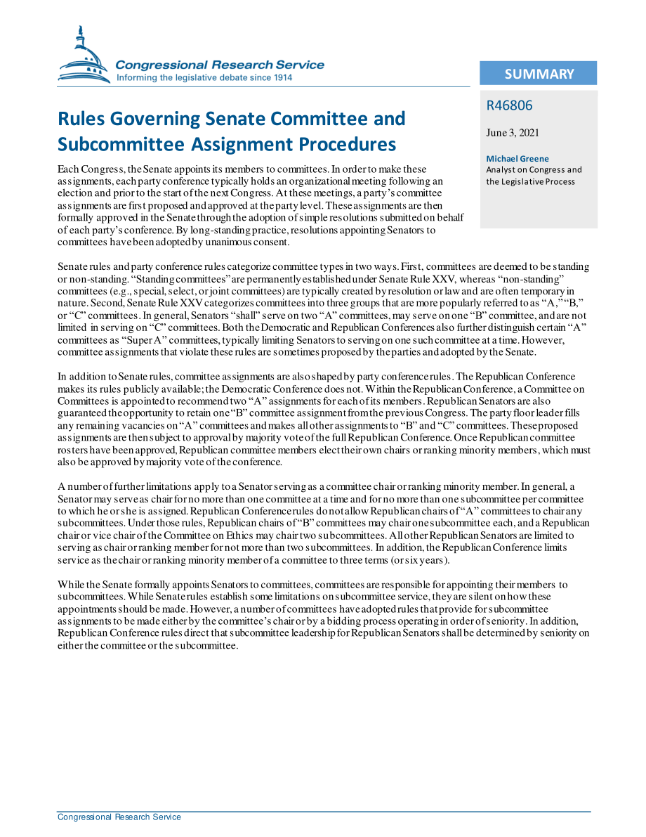 [20210603]R46806_参议院委员会和小组委员会分配程序规则.pdf_第2页