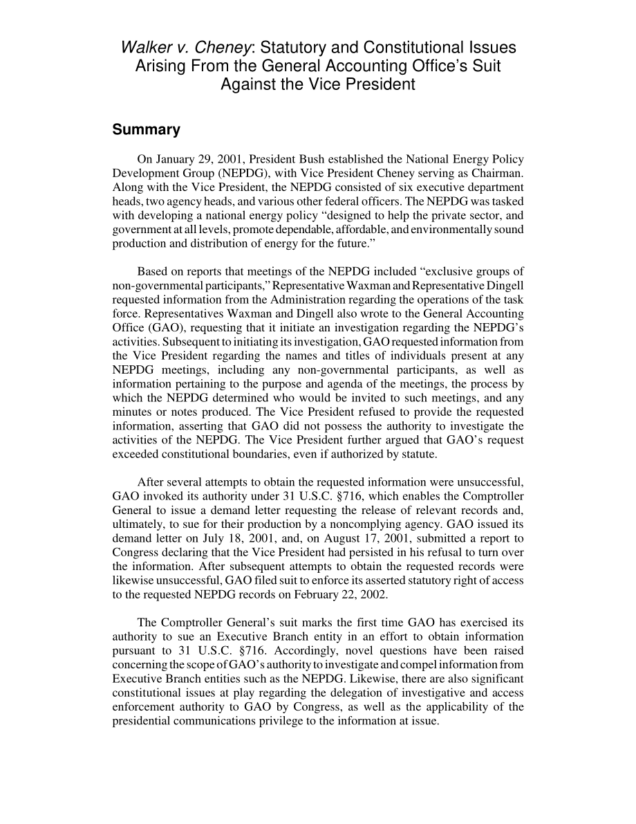 [20020501]RL31397_沃克诉切尼案：总会计师事务所起诉副总裁引起的法定和宪法问题.pdf_第2页