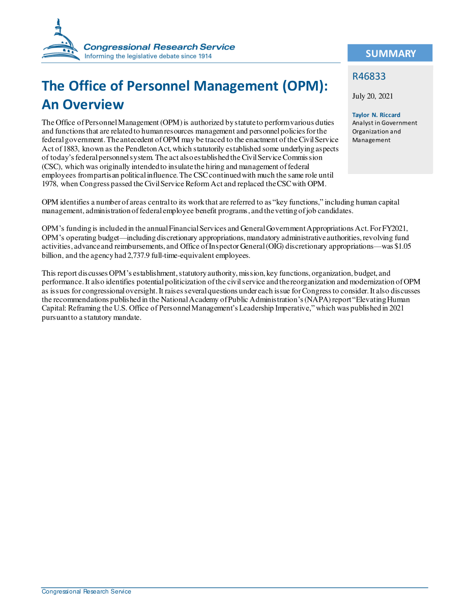 [20210720]R46833_人事管理办公室（OPM）：概述.pdf_第2页