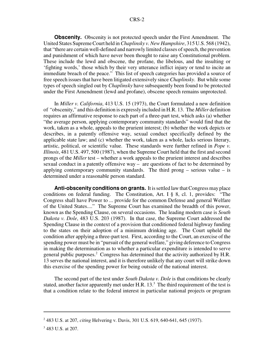 [20030430]RS21509_2003年《博物馆和图书馆服务法》（H.R.13) 在选择受让人时使用“淫秽”和“体面”标准.pdf_第2页