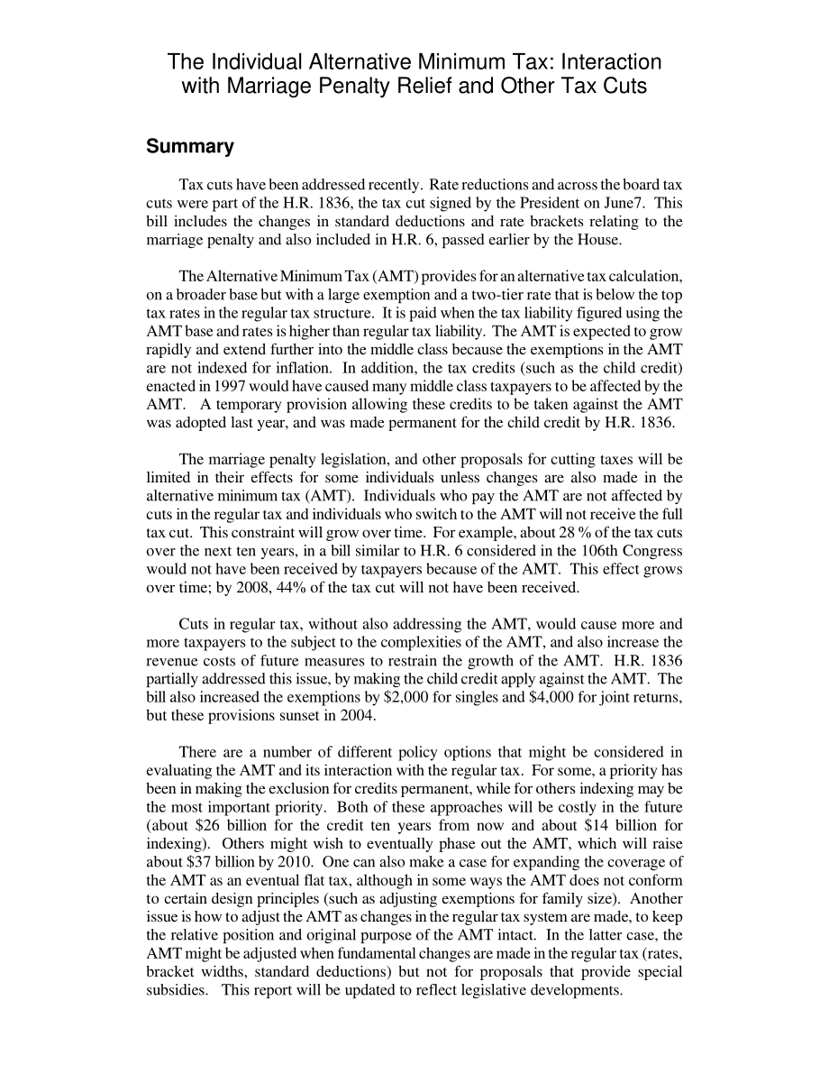 [20010612]RL30485_个人替代最低税：与婚姻惩罚减免和其他减税的互动.pdf_第2页