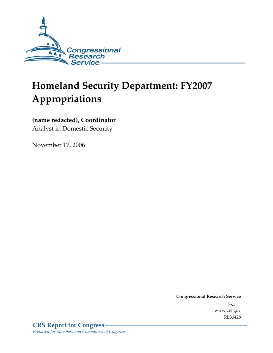 [20061117]RL33428_国土安全部：2007财年拨款.pdf_第1页