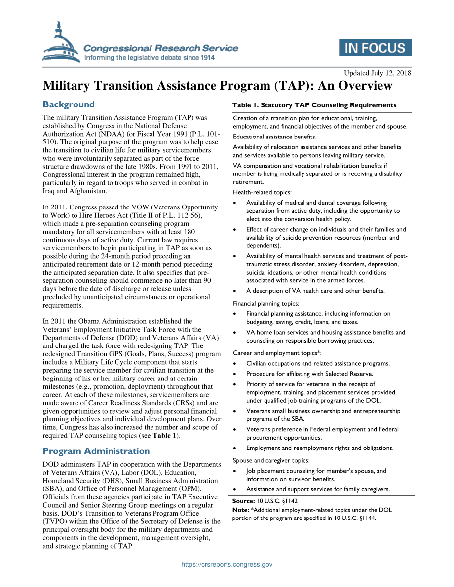 [20180712]IF10347_军事过渡援助计划（TAP）：概述.pdf_第1页