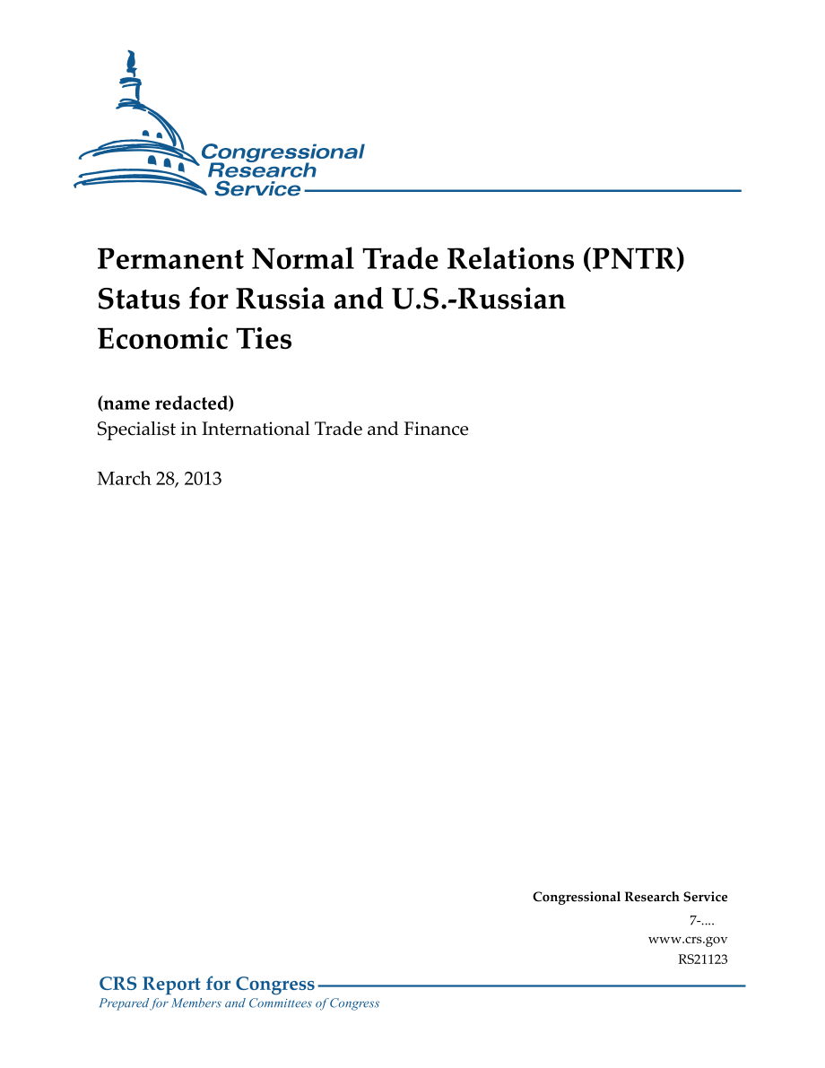 [20130328]RS21123_俄罗斯永久正常贸易关系（PNTR）地位和美俄经济关系.pdf_第1页