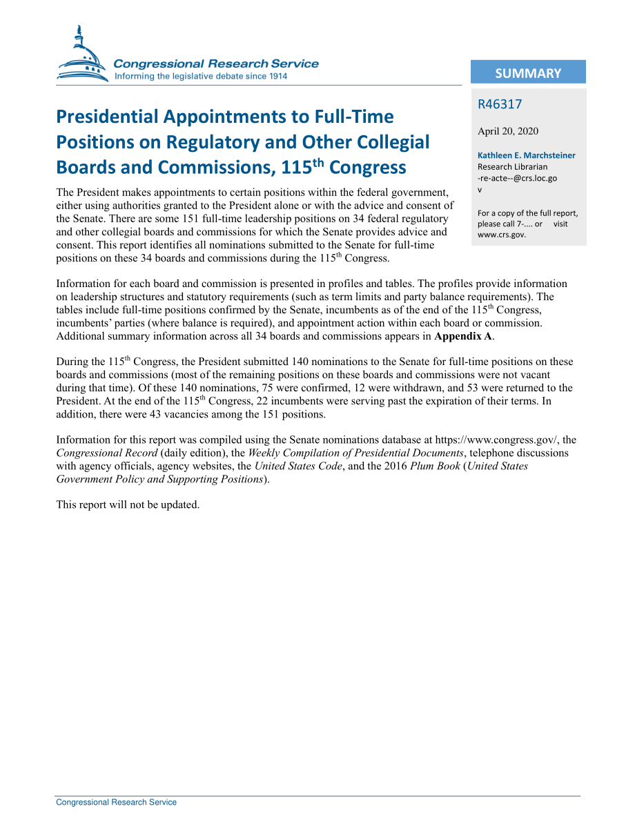 [20200420]R46317_第115届国会总统任命监管和其他合议委员会全职职位.pdf_第2页