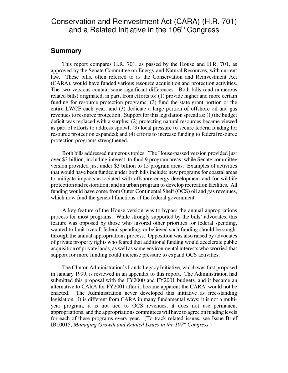 [20010117]RL30444_《保护和再投资法案》（CARA）（H.R.701）和第106届大会的相关倡议.pdf_第3页