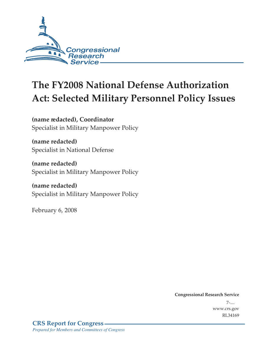 [20080206]RL34169_2008财年国防授权法案：选定的军事人员政策问题.pdf_第1页