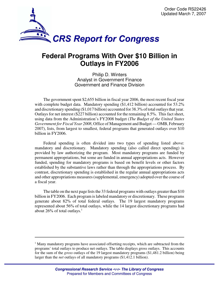 [20070307]RS22426_2006财年支出超过100亿美元的联邦计划.pdf_第1页
