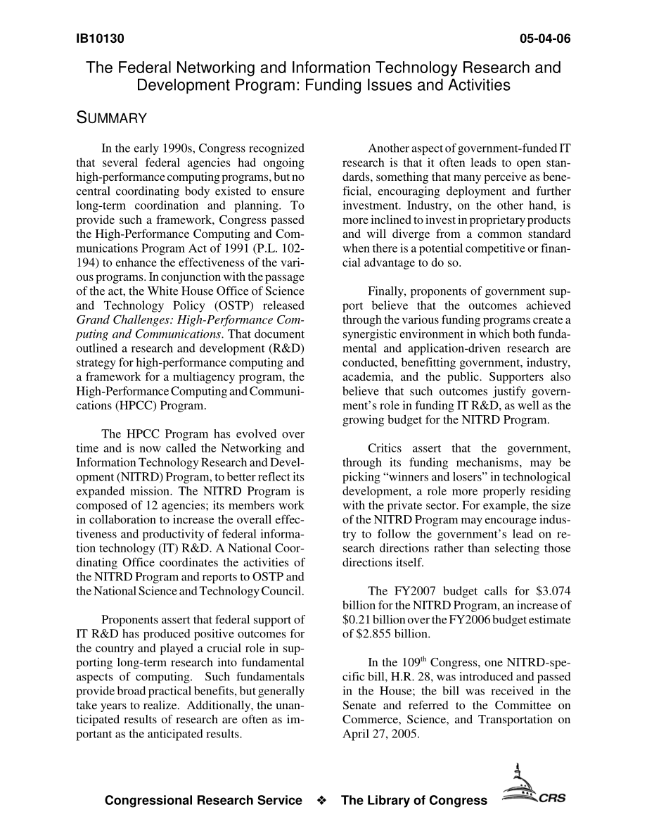[20060504]IB10130_联邦网络和信息技术研发计划：筹资问题和活动.pdf_第3页