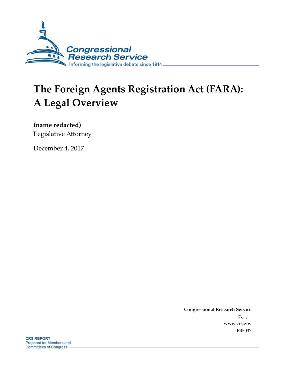 [20171204]R45037_《外国代理人注册法》（FARA）：法律概述.pdf_第1页