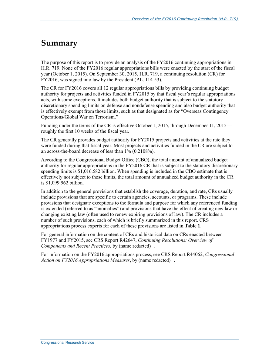 [20151001]R44214_2016财年持续决议概述（H.R.719) .pdf_第2页