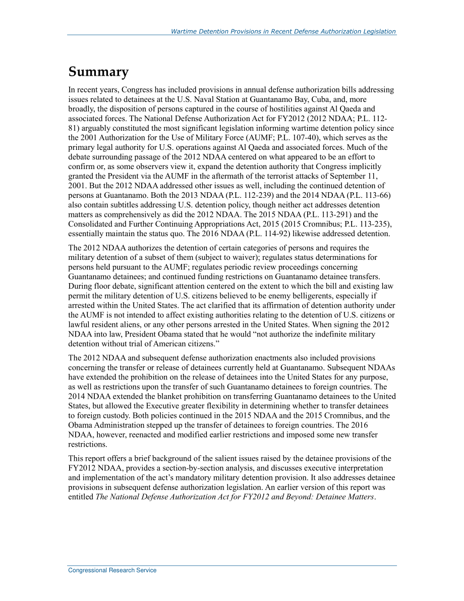 [20160314]R42143_近期国防授权立法中的战时拘留规定.pdf_第2页