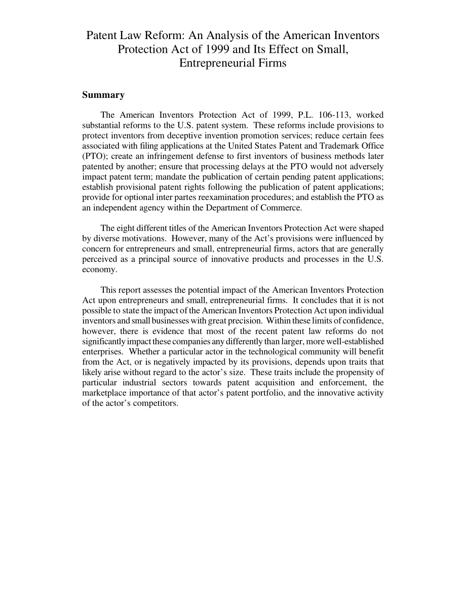 [20000229]RL30451_专利法改革：1999年美国发明家保护法及其对小型创业公司的影响分析.pdf_第3页