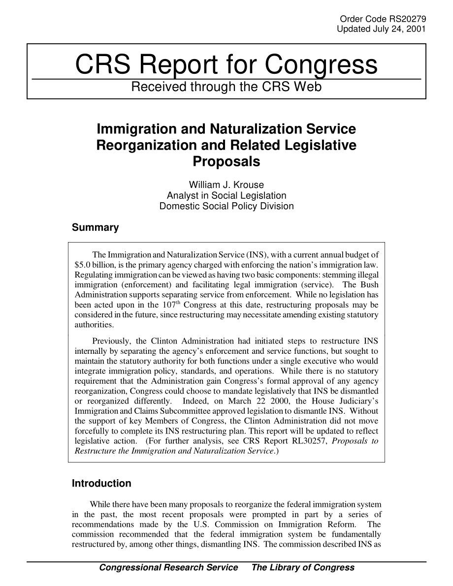 [20010724]RS20279_移民归化局重组及相关立法建议.pdf_第1页