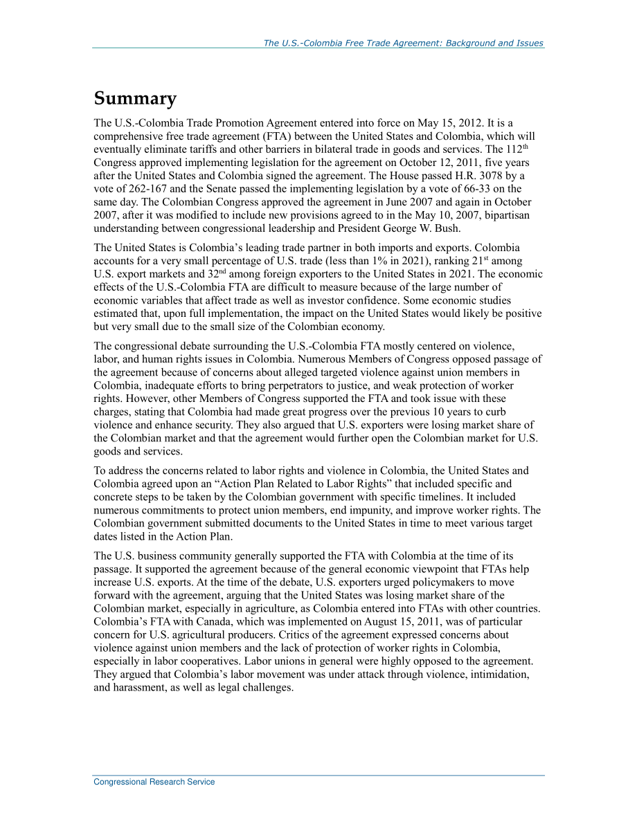 [20220504]RL34470_美国-哥伦比亚自由贸易协定：背景和问题.pdf_第2页