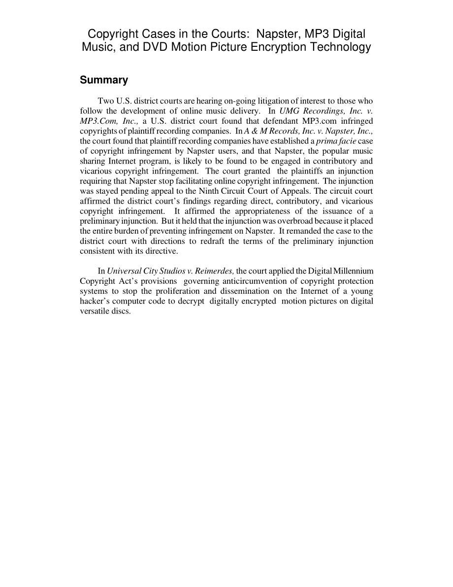 [20010216]RL30683_法院的版权案件：Napster、MP3数字音乐和DVD电影加密技术.pdf_第2页