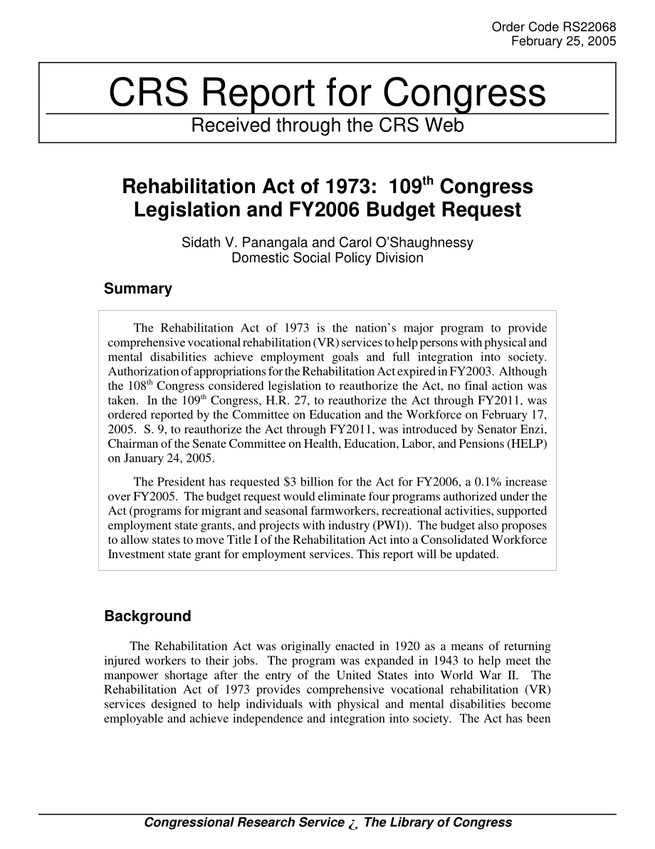 [20050225]RS22068_1973年康复法案：第109届国会立法和2006财年预算请求.pdf_第1页