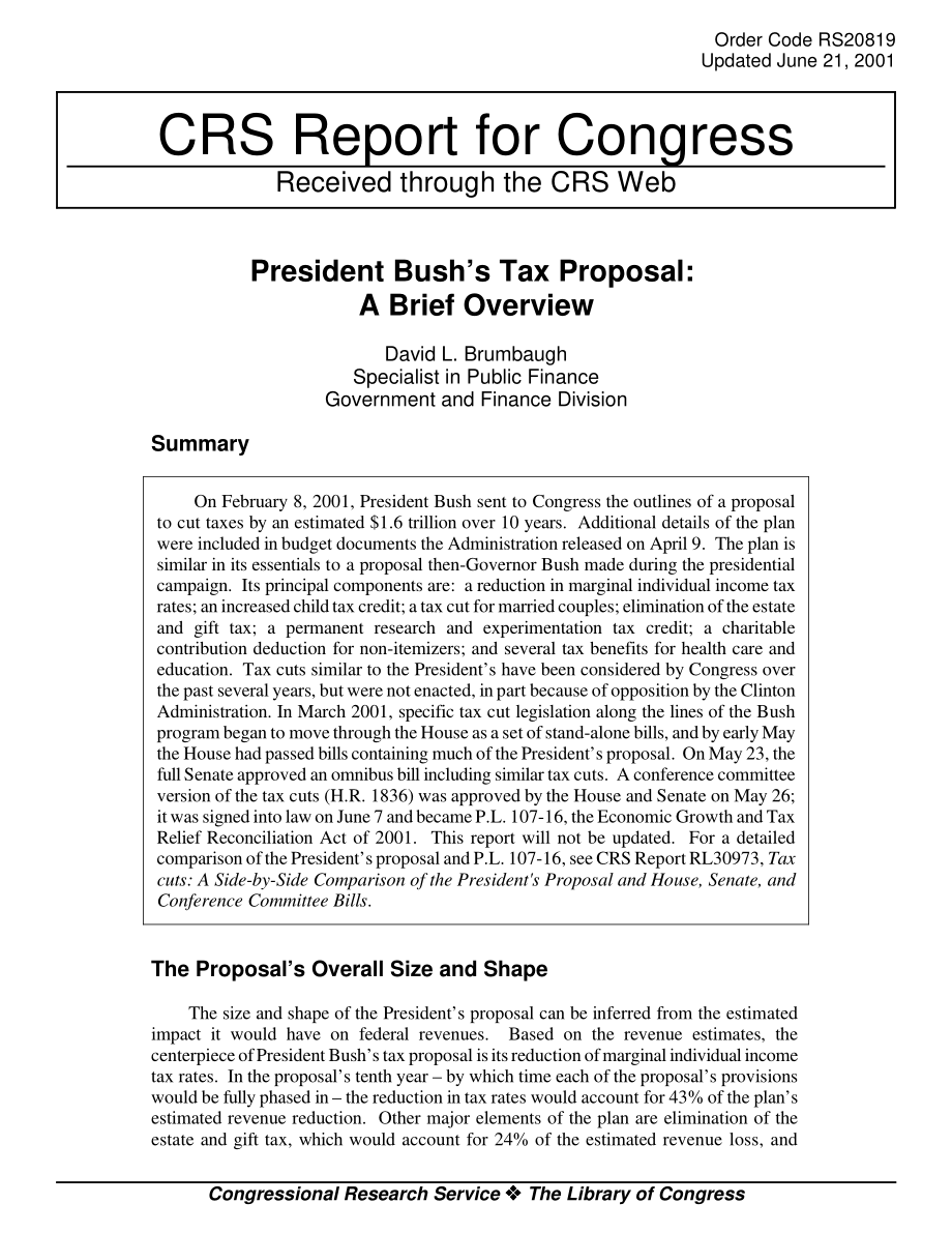 [20010621]RS20819_布什总统的税收提议：简要概述.pdf_第1页