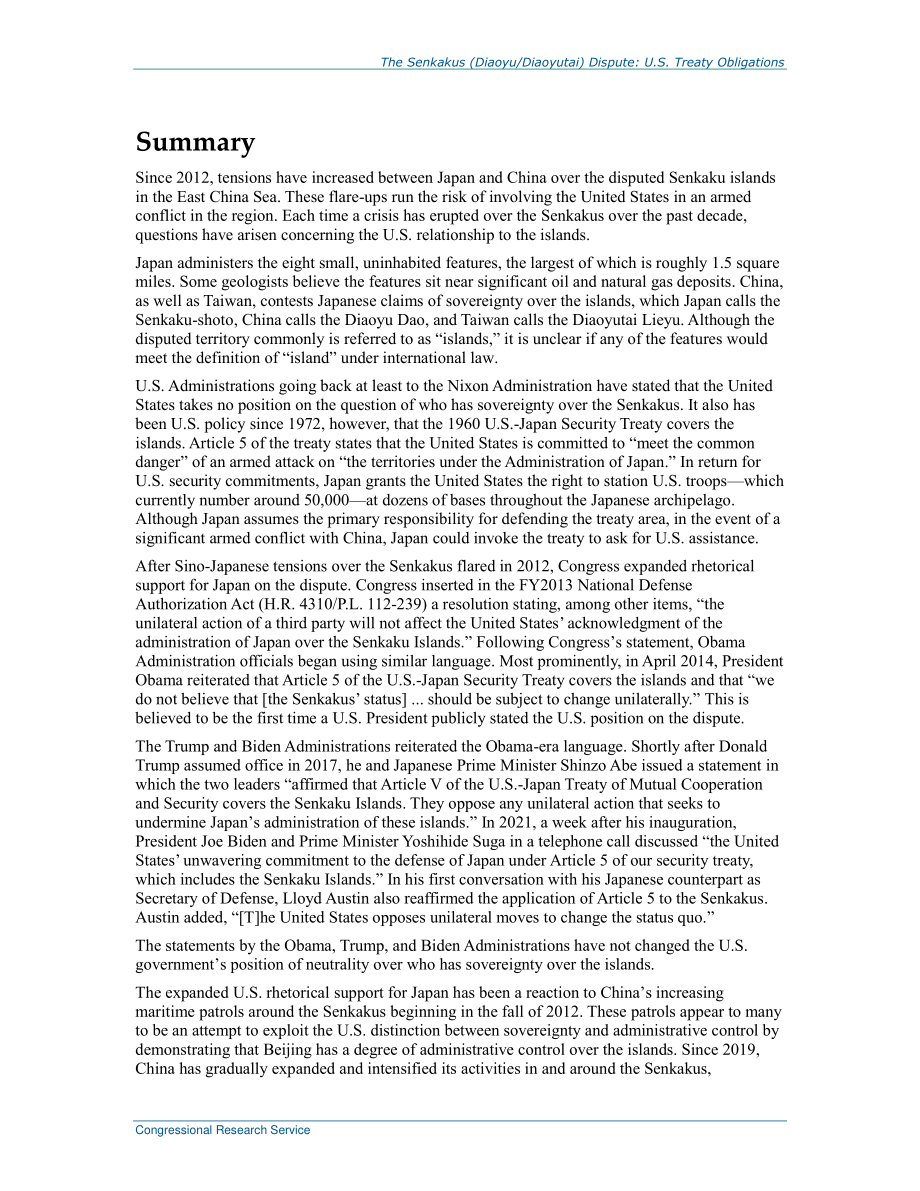 [20210301]R42761_尖阁列岛（钓鱼岛钓鱼台）争端：美国条约义务.pdf_第2页