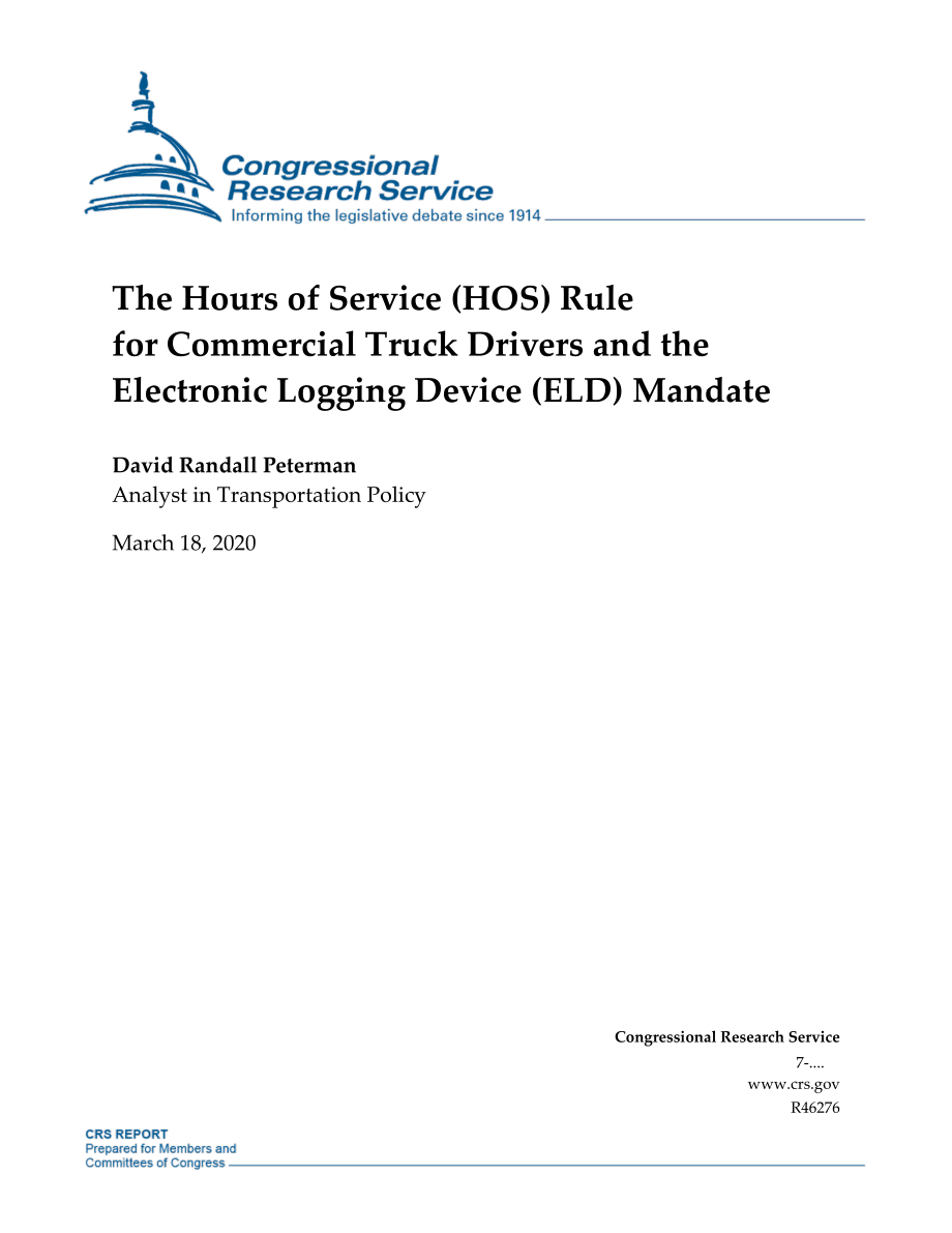 [20200318]R46276_商用卡车司机服务时间（HOS）规则和电子记录设备（ELD）指令.pdf_第1页