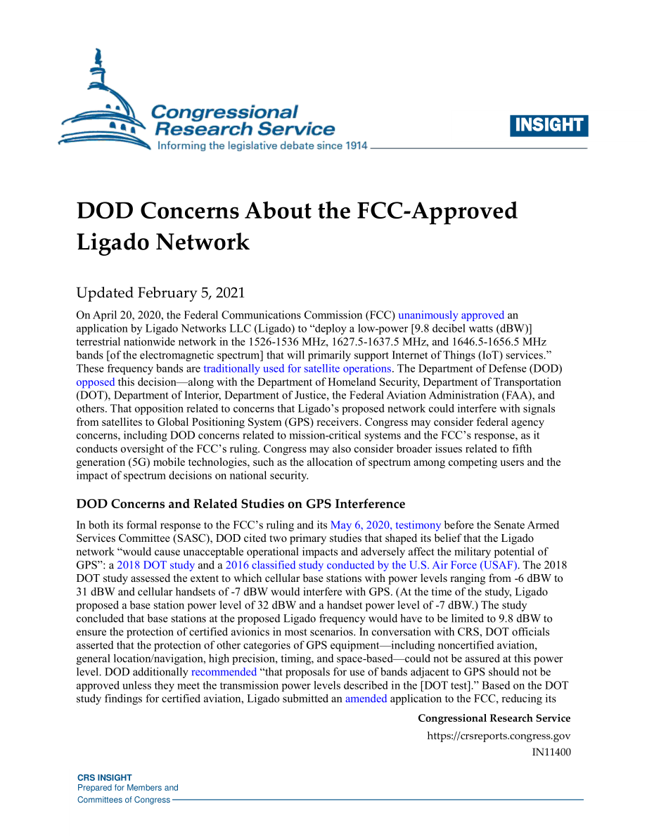 [20210205]IN11400_国防部对FCC批准的Ligado网络的担忧 .pdf_第1页