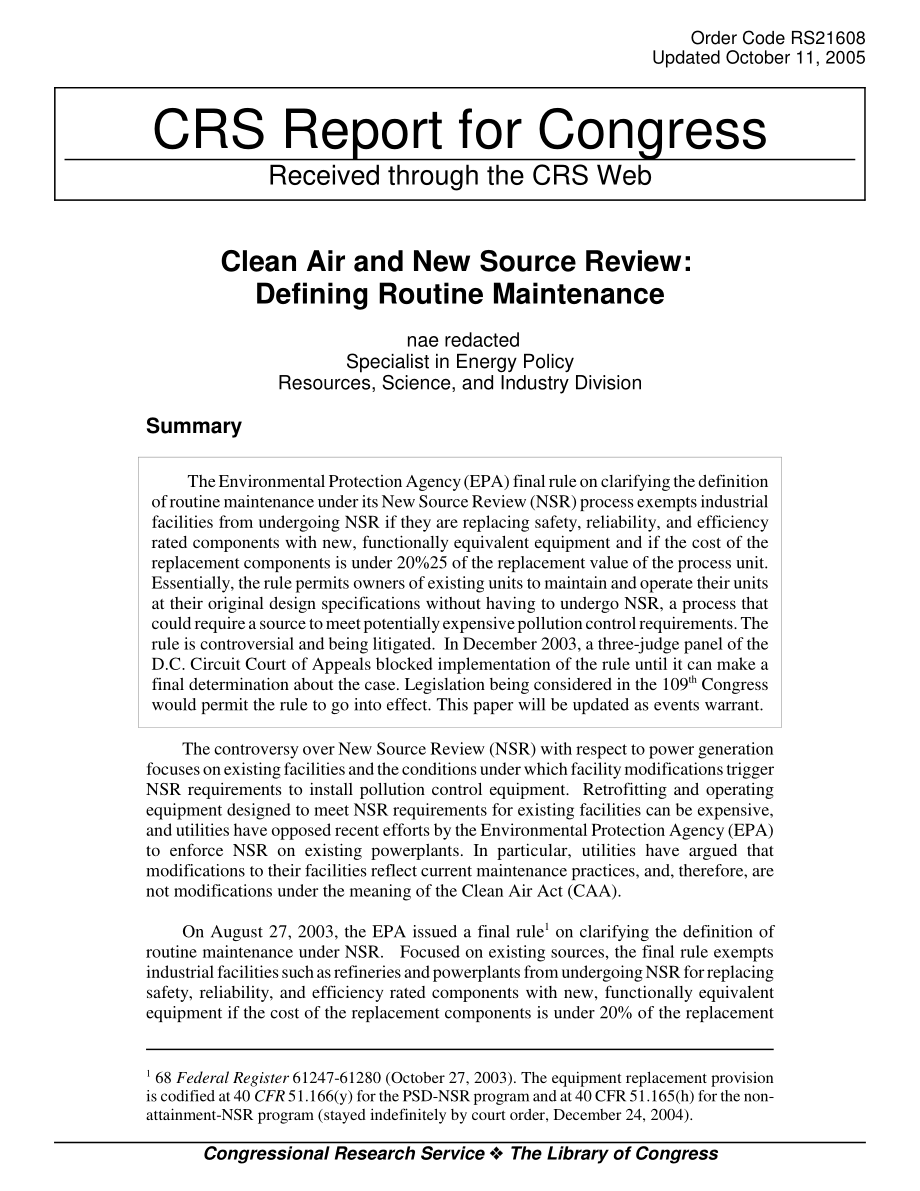 [20051011]RS21608_清洁空气和新来源审查：定义日常维护.pdf_第1页