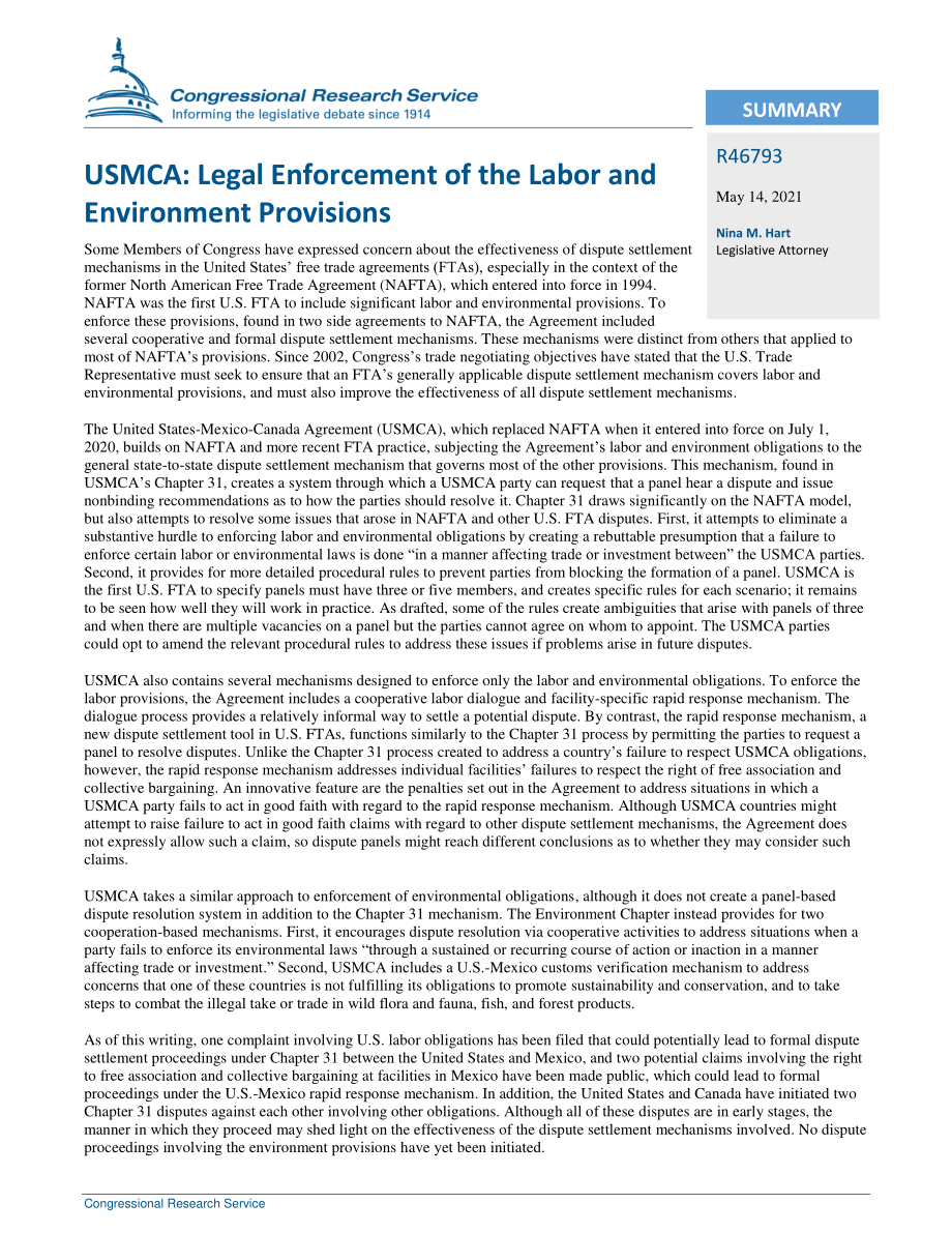 [20210514]R46793_USMCA：劳动和环境规定的法律执行.pdf_第2页