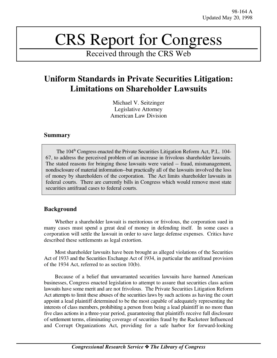 [19980520]98-164A_私人证券诉讼的统一标准：股东诉讼的限制.pdf_第1页