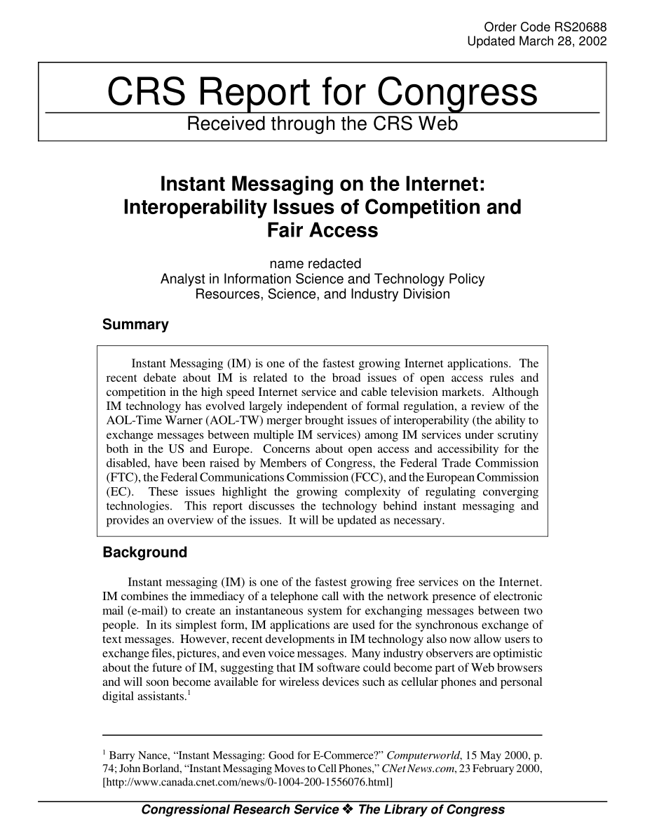 [20020328]RS20688_Internet上的即时消息：竞争和公平准入的互操作性问题.pdf_第1页