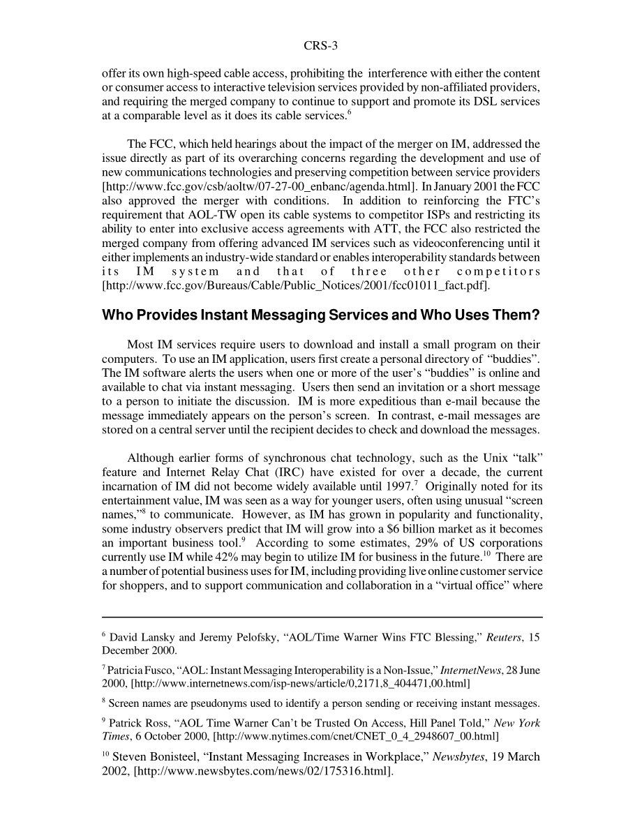 [20020328]RS20688_Internet上的即时消息：竞争和公平准入的互操作性问题.pdf_第3页