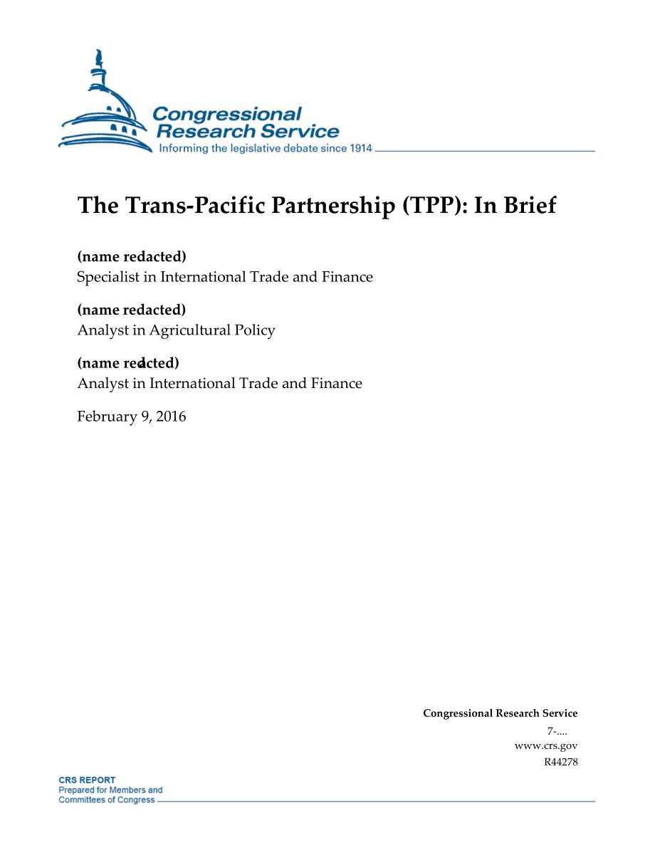 [20160209]R44278_跨太平洋伙伴关系（TPP）：简言之.pdf_第1页