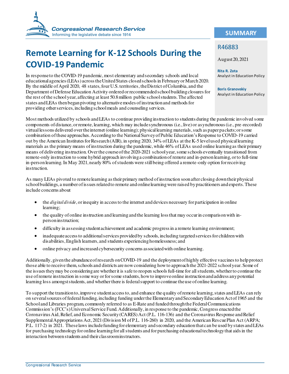 [20210820]R46883_2019冠状病毒疾病流行期间K-12学校的远程学习.pdf_第2页