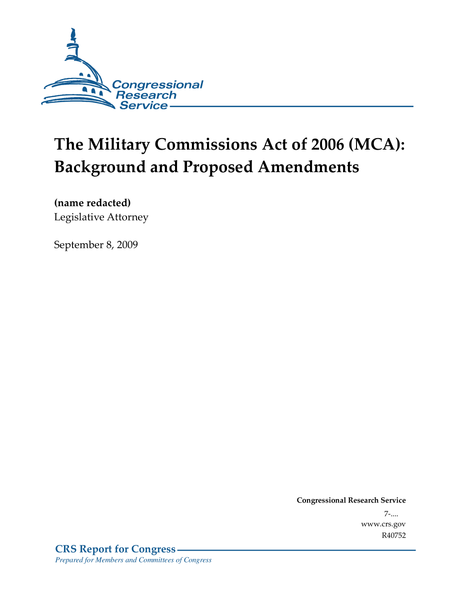 [20090908]R40752_2006年《军事委员会法》（MCA）：背景和拟议修正案.pdf_第1页