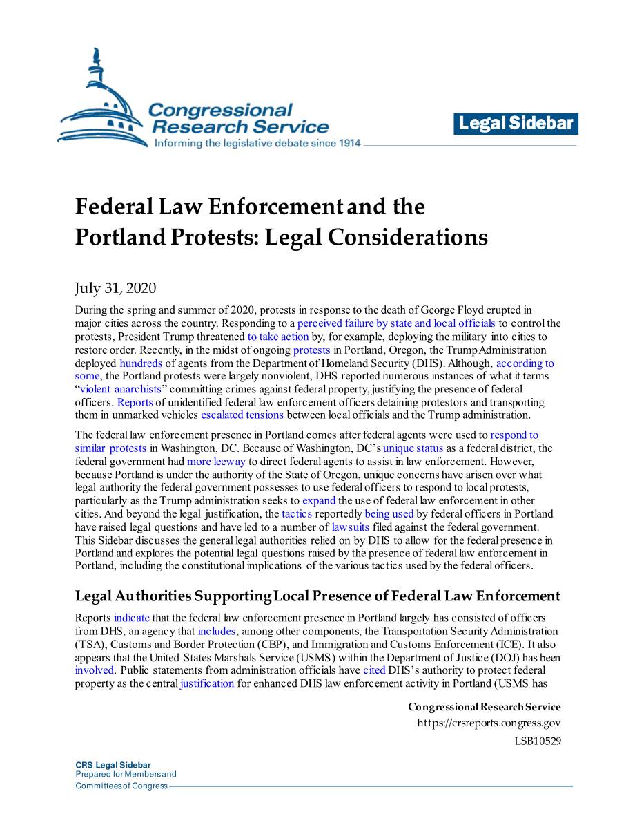 [20200731]LSB10529_联邦执法和波特兰抗议：法律考虑因素.pdf_第1页
