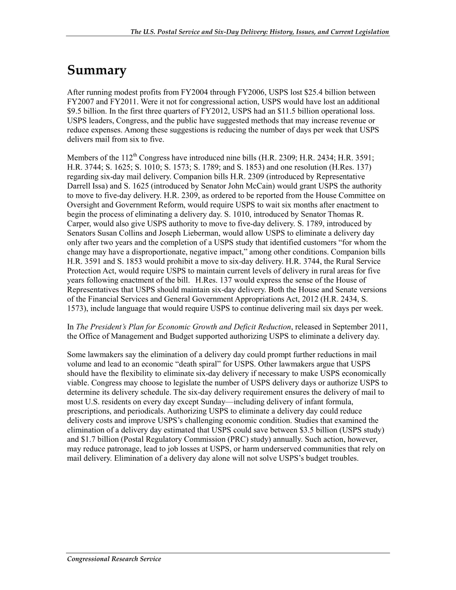 [20121017]R40626_美国邮政服务和六天送达：历史、问题和当前立法.pdf_第2页