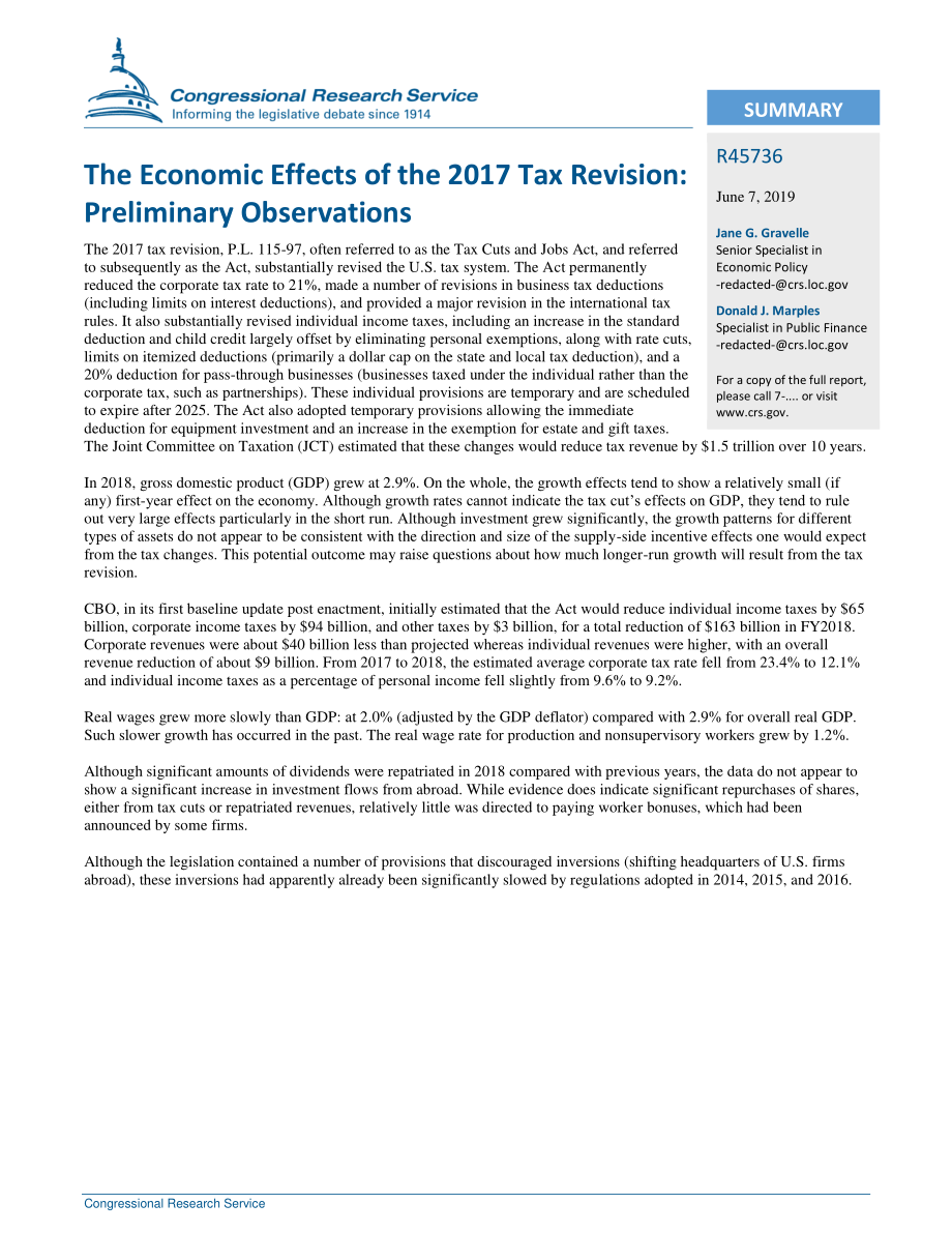 [20190607]R45736_2017年税收修订的经济影响：初步观察结果.pdf_第2页