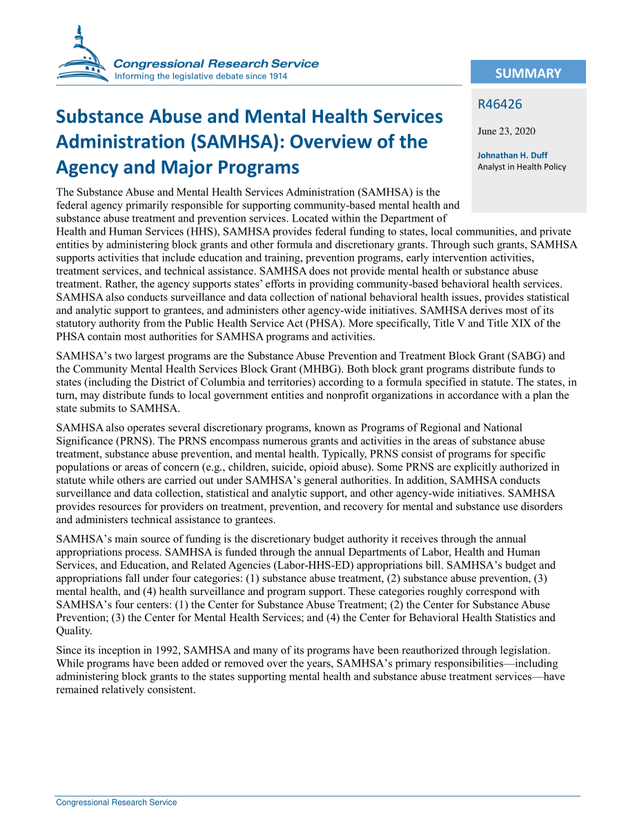 [20200623]R46426_药物滥用和心理健康服务管理局（SAMHSA）：机构和主要项目概述.pdf_第2页