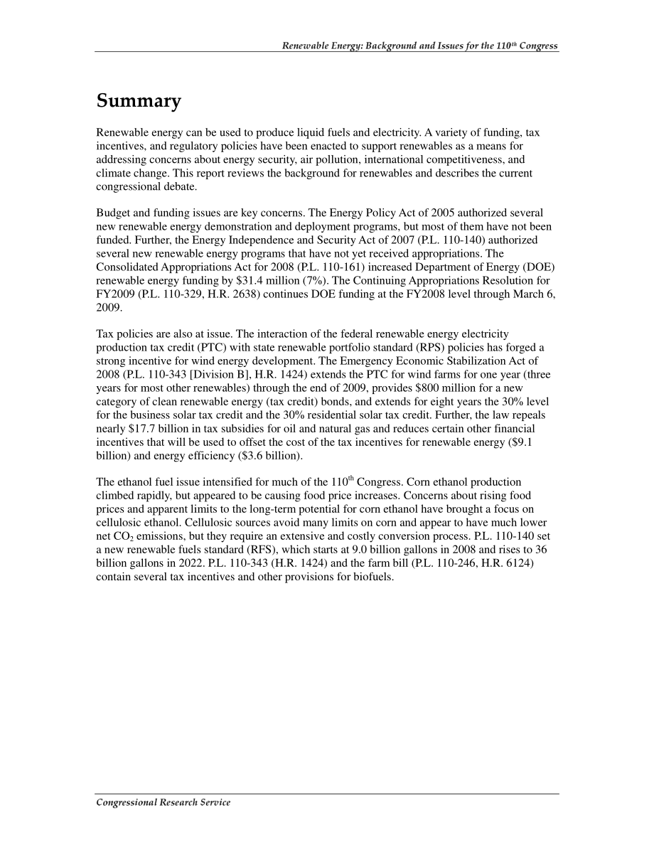 [20081210]RL34162_可再生能源：第110届大会的背景和议题.pdf_第2页