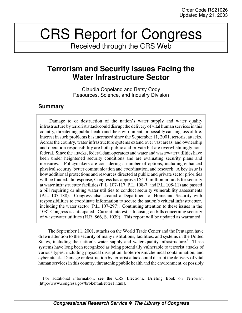 [20030521]RS21026_水基础设施部门面临的恐怖主义和安全问题.pdf_第1页