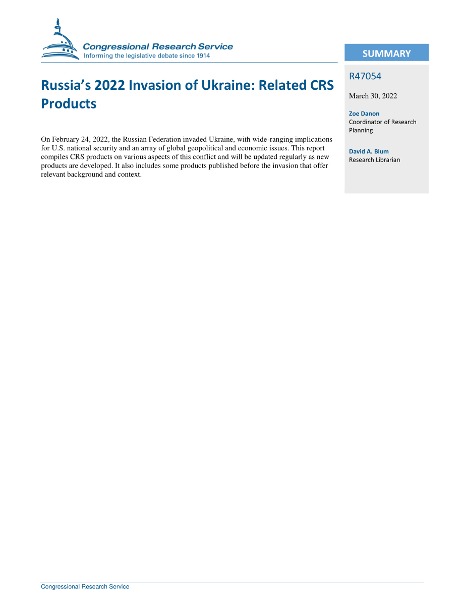 [20220330]R47054_2022年俄罗斯入侵乌克兰：相关CRS产品.pdf_第2页