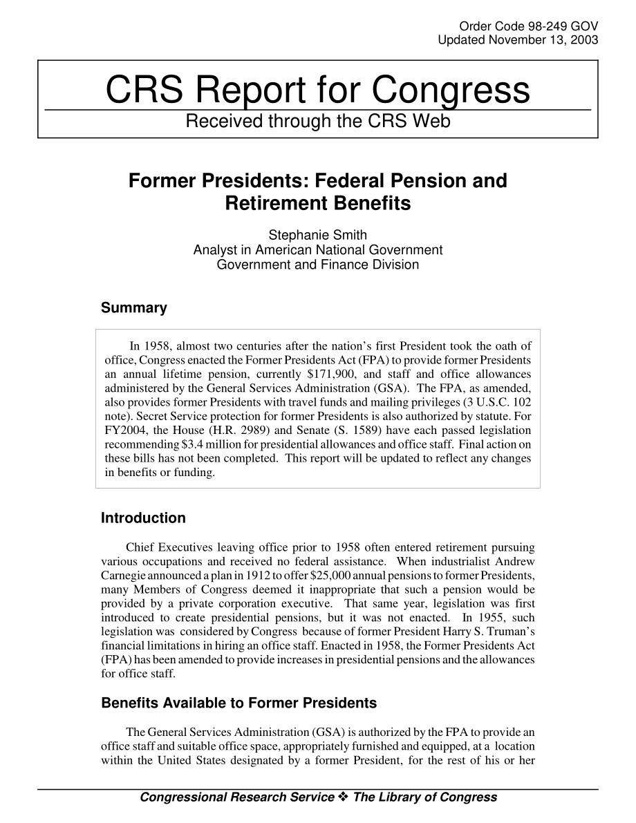 [20031113]98-249GOV_前任总统：联邦养老金和退休福利.pdf_第1页