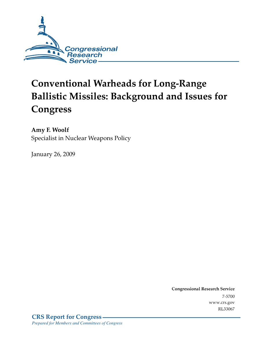 [20090126]RL33067_远程弹道导弹的常规弹头：国会背景和议题.pdf_第1页