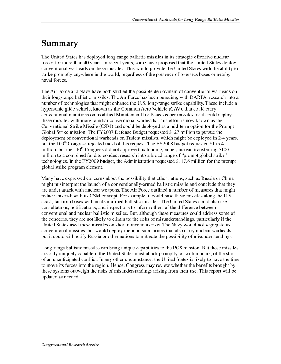 [20090126]RL33067_远程弹道导弹的常规弹头：国会背景和议题.pdf_第2页