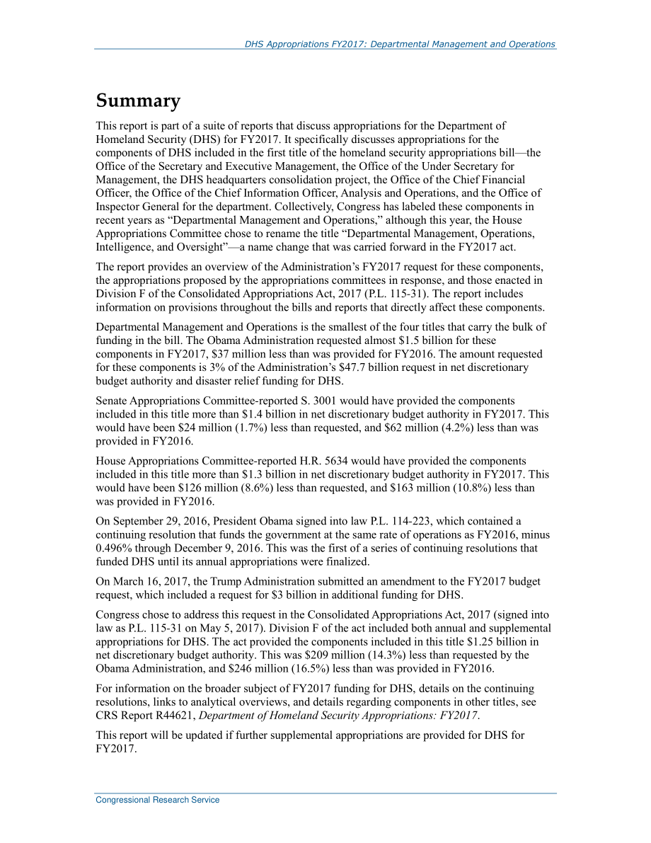 [20170824]R44661_2017财年DHS拨款：部门管理和运营.pdf_第2页