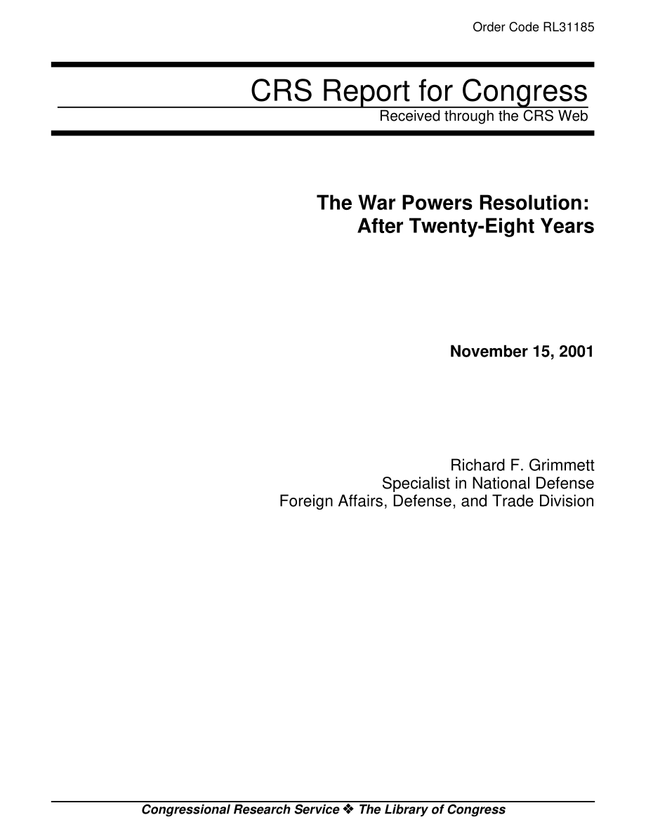 [20011115]RL31185_战争权力决议：二十八年后.pdf_第1页