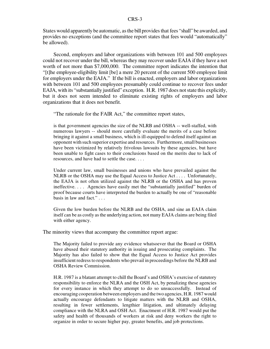 [19991025]RS20374_Awards of Attorneys' Fees to Small Businesses and Labor Organizations that Prevail Against the NLRB or OSHA H、 R. 1987, 106th Congress.pdf_第3页