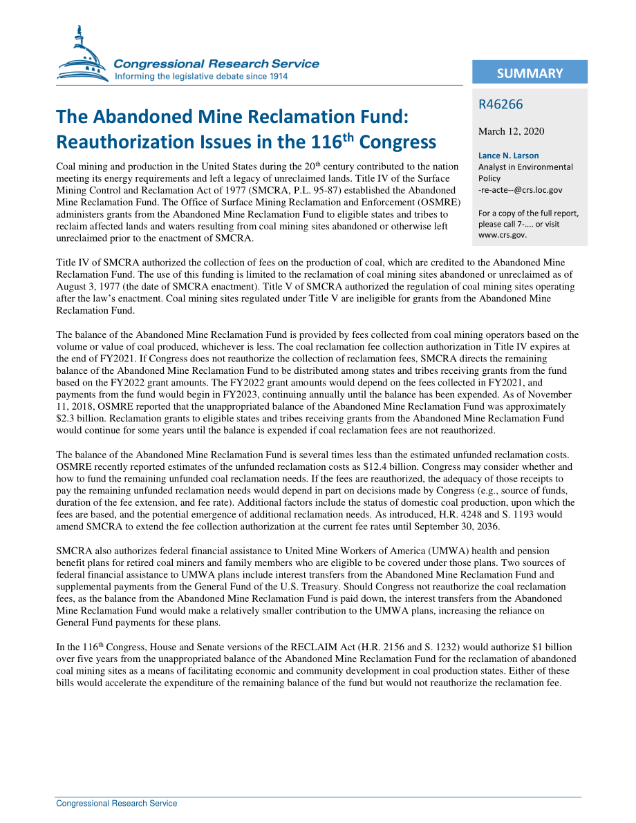 [20200312]R46266_废弃矿山复垦基金：第116届国会的再授权问题.pdf_第2页